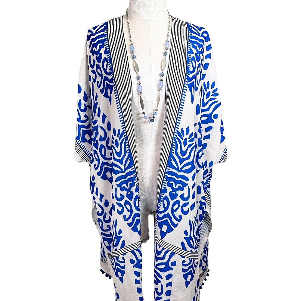Unbranded Blue White Fringed Caftan Wrap Cover Up Womens One Size